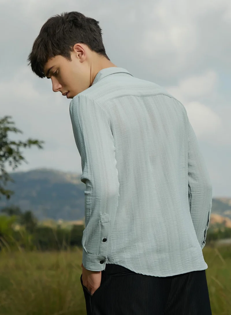 Campus Sutra Men's Cloud Grey Trough-Tactile Shirt