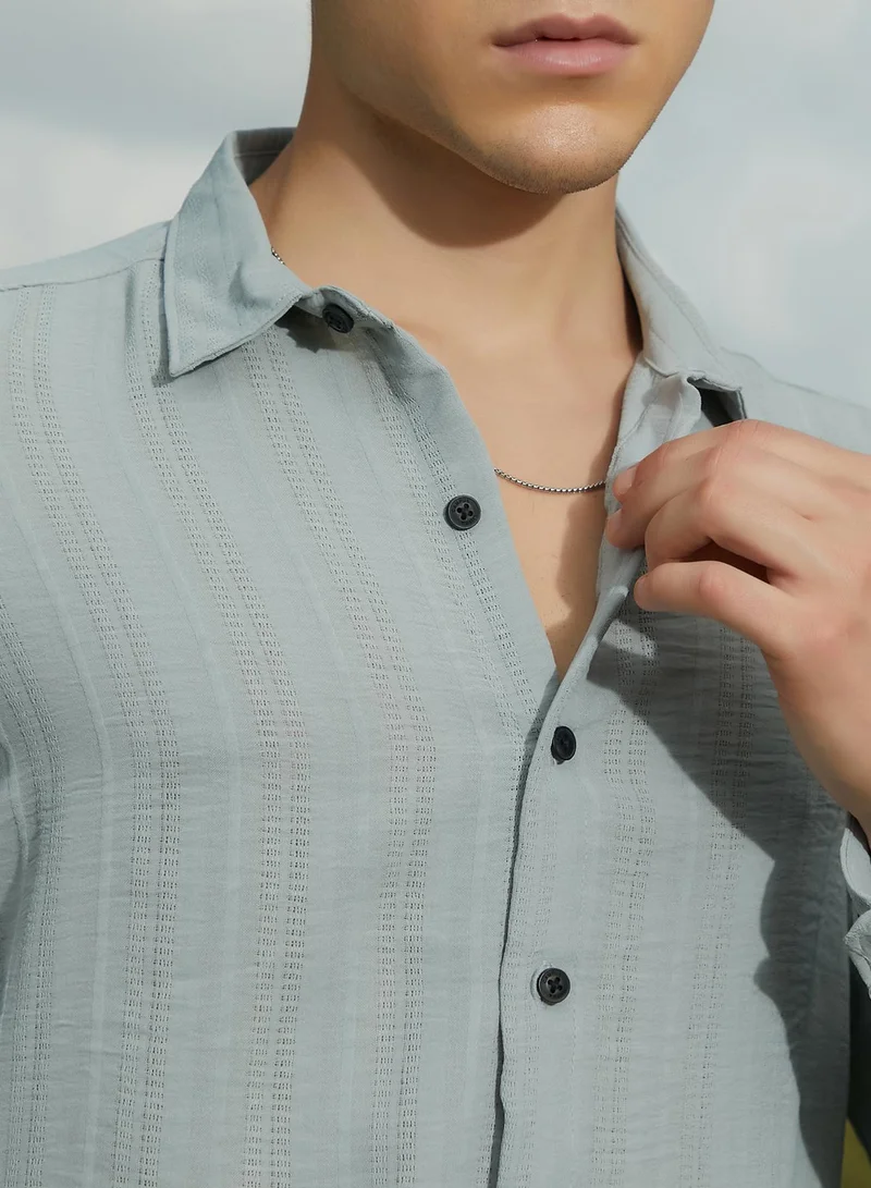 Campus Sutra Men's Cloud Grey Trough-Tactile Shirt