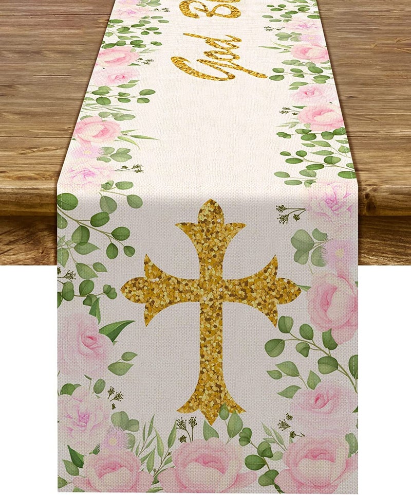 Pudodo Girl Baptism Table Runner God Bless First Holy Communion Christening Baby Shower Party Kitchen Dining Home Decoration 13 x 90 Red