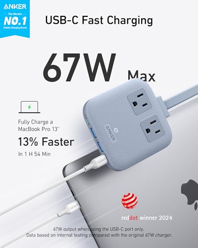 Anker Nano Charging Station(67W Max), 6-in-1 Power Strip for iPhone 16/15, MacBook, with Flat Plug and 5ft Thin Undetachable Extension Cord,2 AC&2 USB A&2 USB-C, for Home&Office - Image 2