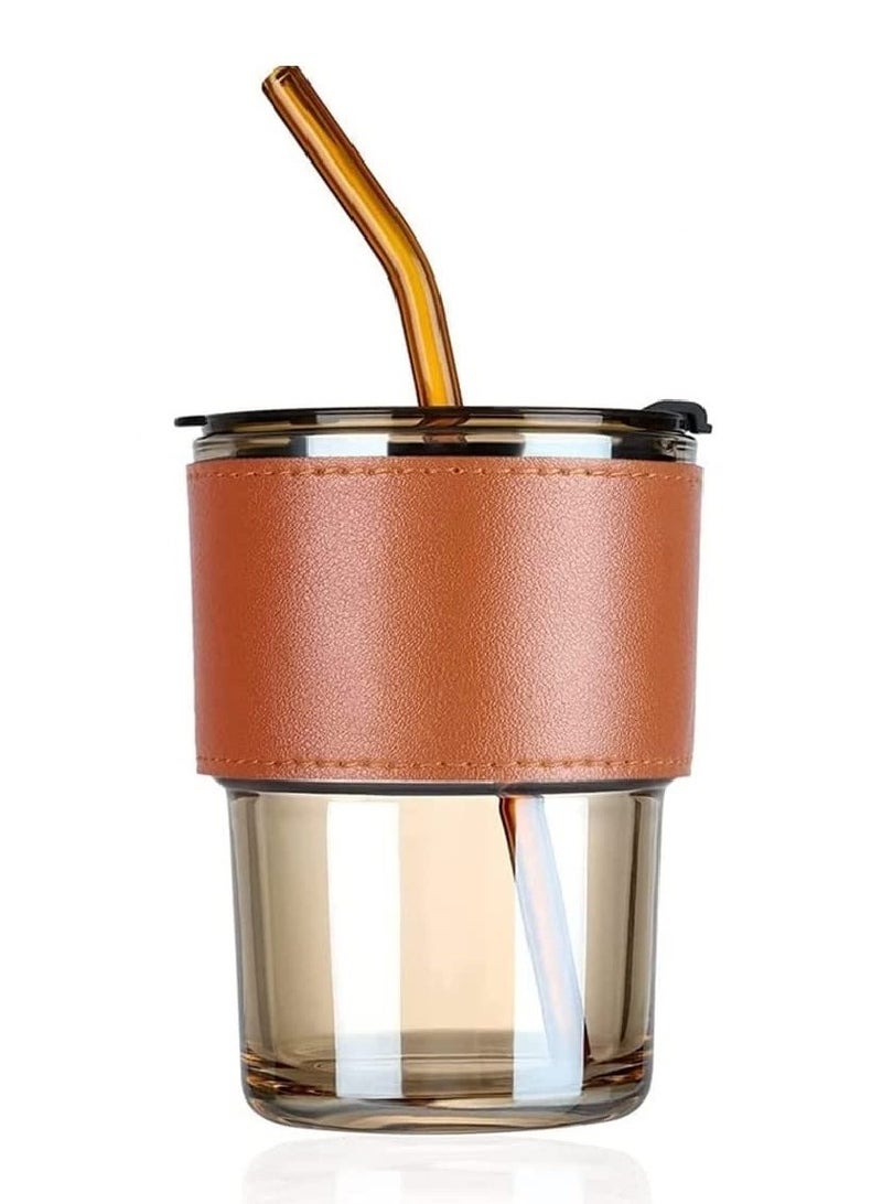 Glass Tumbler with Straw and Leakproof Lid and Leather Anti-Slip Handle for Hot and Cold Drinks, Tea, Coffee, Fruit Juices - Image 1