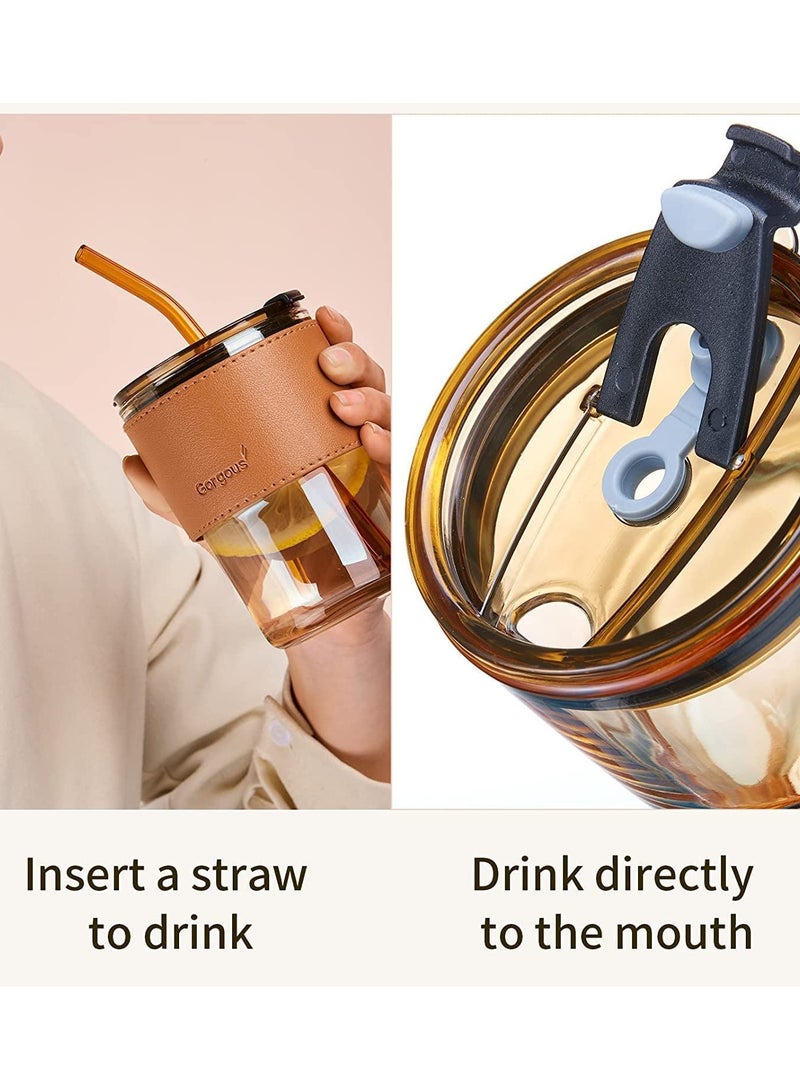 Glass Tumbler with Straw and Leakproof Lid and Leather Anti-Slip Handle for Hot and Cold Drinks, Tea, Coffee, Fruit Juices - Image 3