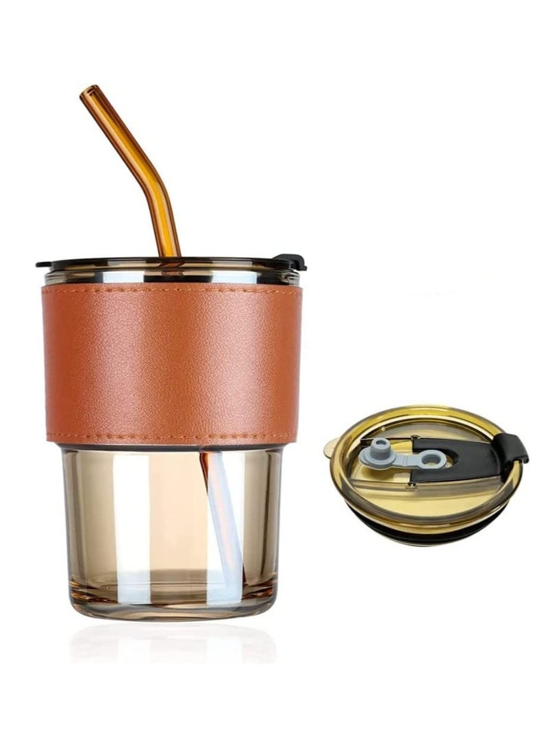 Glass Tumbler with Straw and Leakproof Lid and Leather Anti-Slip Handle for Hot and Cold Drinks, Tea, Coffee, Fruit Juices - Image 2