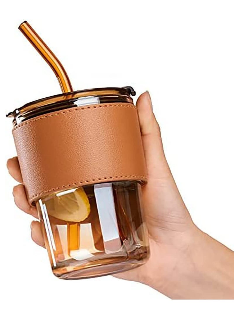 Glass Tumbler with Straw and Leakproof Lid and Leather Anti-Slip Handle for Hot and Cold Drinks, Tea, Coffee, Fruit Juices - Image 4