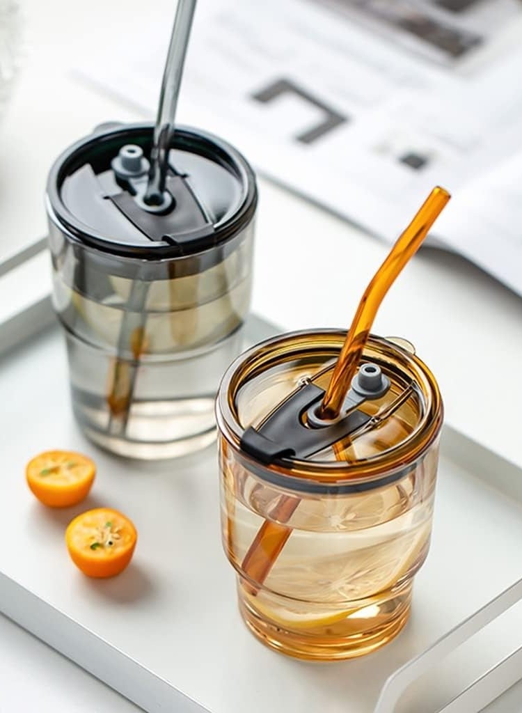 Glass Tumbler with Straw and Leakproof Lid and Leather Anti-Slip Handle for Hot and Cold Drinks, Tea, Coffee, Fruit Juices - Image 5