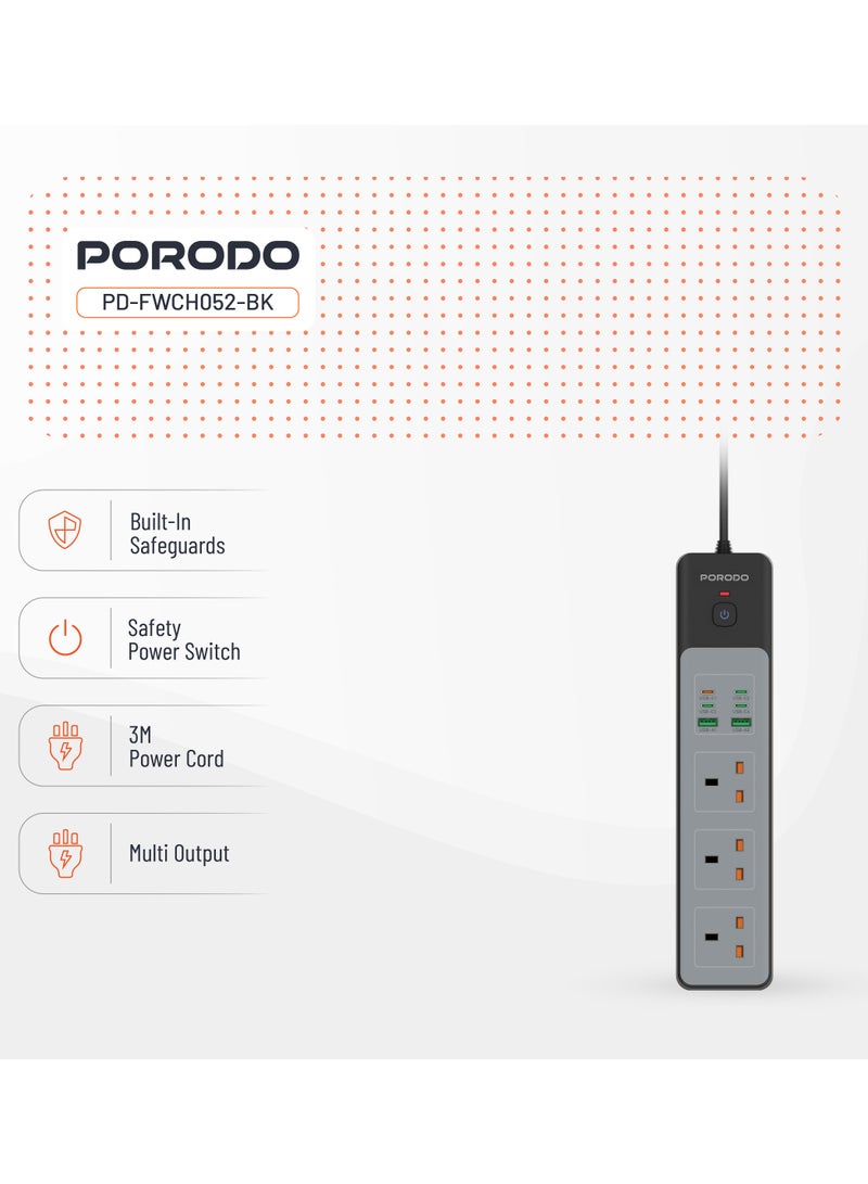 بورودو شريط طاقة 3 مقابس تيار متردد بقوة 3000 واط | 45 وات تيار مستمر / 4 منافذ USB-C | 2 منافذ USB-A / قابس بريطاني بطول 3 أمتار / مفتاح طاقة آمن / وسائل حماية مدمجة / مقبس طاقة لمساحة العمل أو المنزل - أسود - Image 2