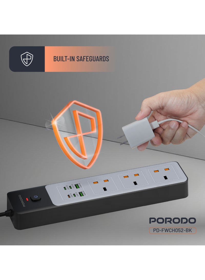 بورودو شريط طاقة 3 مقابس تيار متردد بقوة 3000 واط | 45 وات تيار مستمر / 4 منافذ USB-C | 2 منافذ USB-A / قابس بريطاني بطول 3 أمتار / مفتاح طاقة آمن / وسائل حماية مدمجة / مقبس طاقة لمساحة العمل أو المنزل - أسود - Image 3