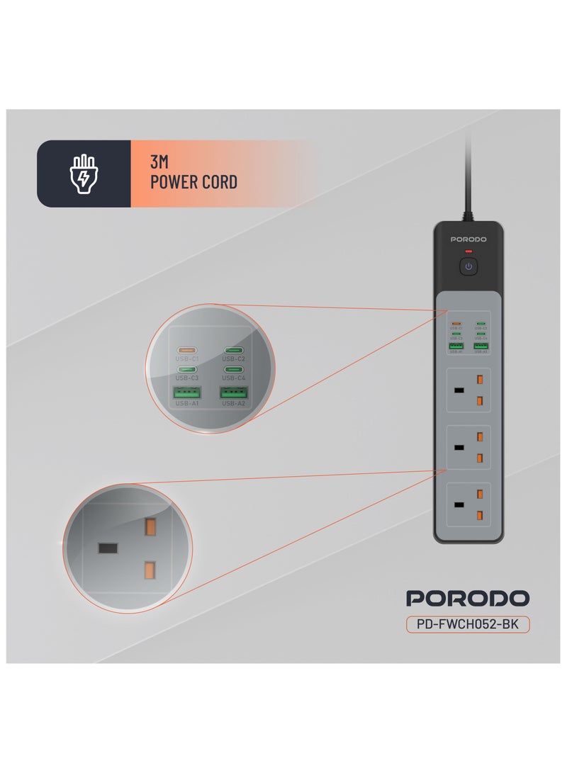 بورودو شريط طاقة 3 مقابس تيار متردد بقوة 3000 واط | 45 وات تيار مستمر / 4 منافذ USB-C | 2 منافذ USB-A / قابس بريطاني بطول 3 أمتار / مفتاح طاقة آمن / وسائل حماية مدمجة / مقبس طاقة لمساحة العمل أو المنزل - أسود - Image 4