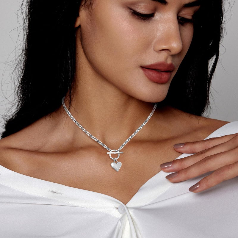 Zeffy Silver Chunky Puffy Heart Pendant Necklaces for Women Big Heart Chain Link Necklace Toggle Clasp Heart Charm Necklaces Birthday Christmas Gifts for Women Jewelry - Image 4