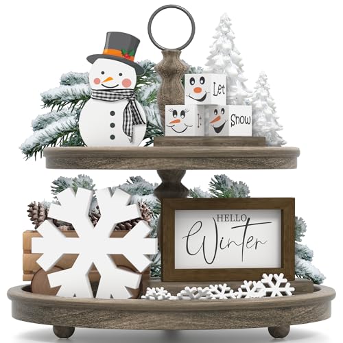 Tovwei ChristmasWinter Tiered Tray Decor 6 Pcs Hello Winter Snowflake Snowman Table Signs Let It Snow Wooden Signs for Home Kitchen Office - Image 3