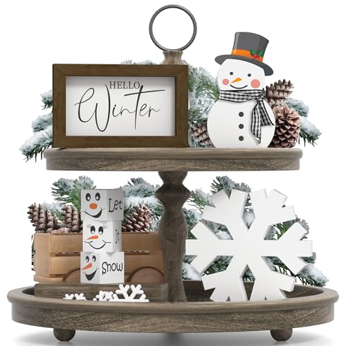 Tovwei ChristmasWinter Tiered Tray Decor 6 Pcs Hello Winter Snowflake Snowman Table Signs Let It Snow Wooden Signs for Home Kitchen Office - Image 1