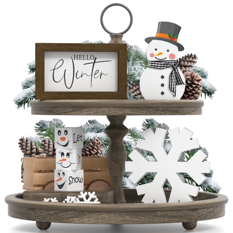 Tovwei ChristmasWinter Tiered Tray Decor 6 Pcs Hello Winter Snowflake Snowman Table Signs Let It Snow Wooden Signs for Home Kitchen Office - Image 2
