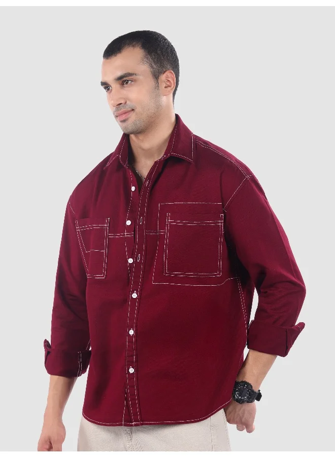 Beyoung Maroon Dual Pocket Contrast Stitch Shirt