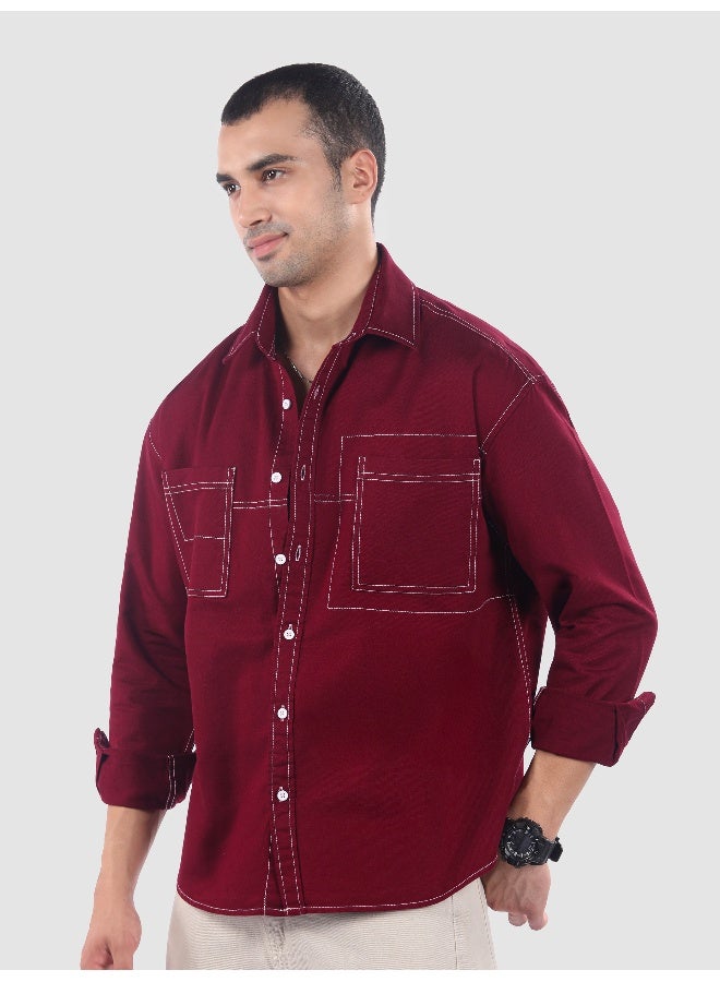 Beyoung Maroon Dual Pocket Contrast Stitch Shirt  - Image 2