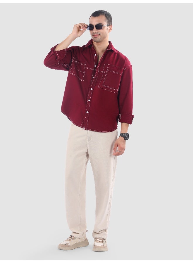 Beyoung Maroon Dual Pocket Contrast Stitch Shirt  - Image 5