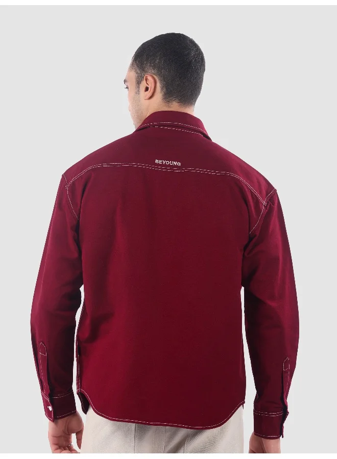 Beyoung Maroon Dual Pocket Contrast Stitch Shirt