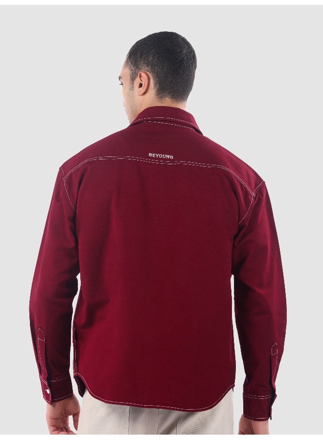 Beyoung Maroon Dual Pocket Contrast Stitch Shirt  - Image 3