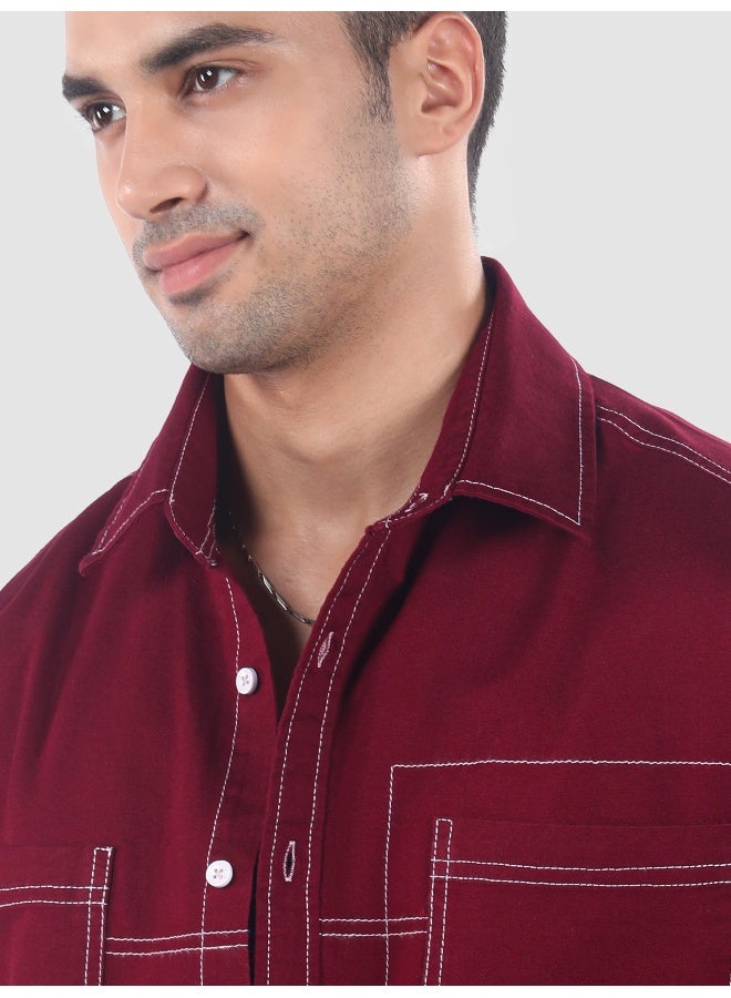 Beyoung Maroon Dual Pocket Contrast Stitch Shirt  - Image 4