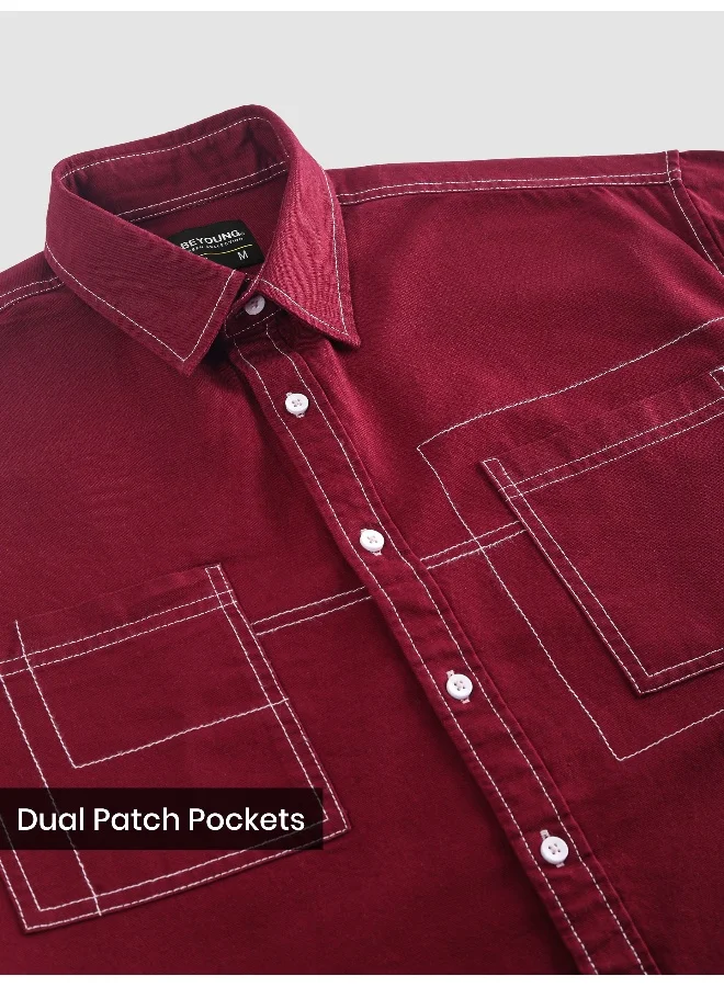 Beyoung Maroon Dual Pocket Contrast Stitch Shirt