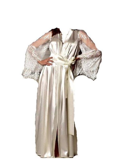 Satin Kimono Long   Bridesmaid Wedding Bath Robe with Lace Trim.