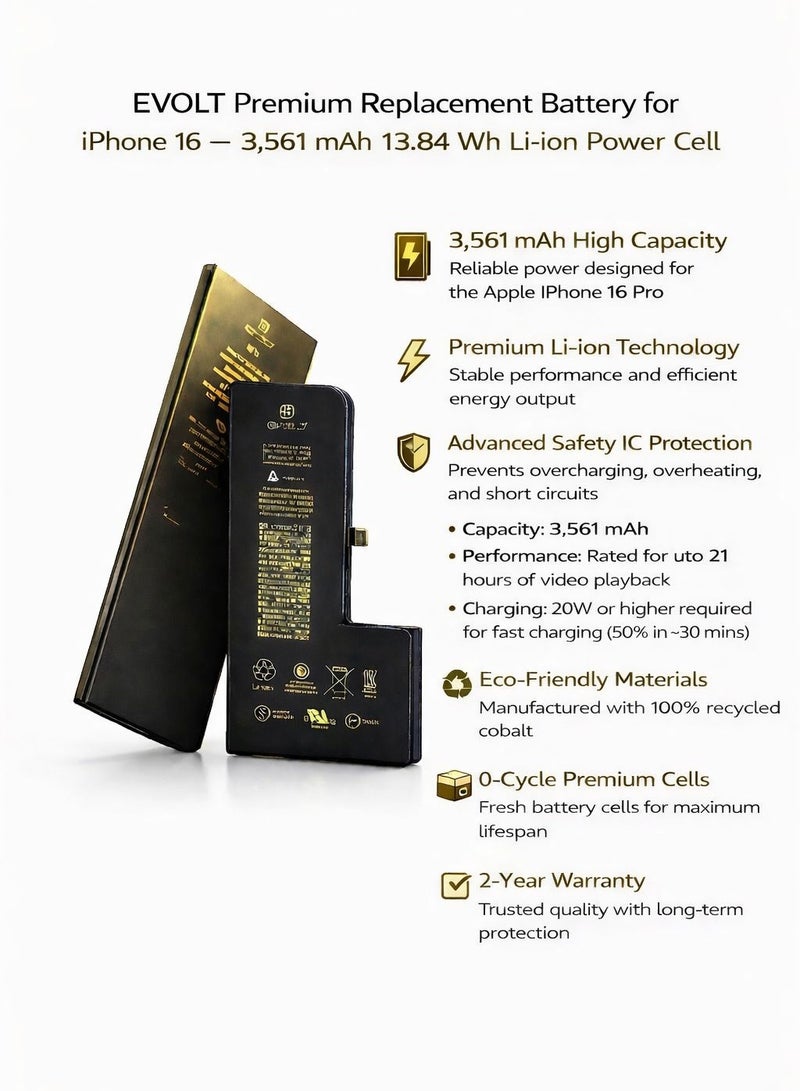 ايڤولت بطارية إيفولت البديلة الممتازة لهاتف آيفون 16 - بطارية ليثيوم أيون عالية السعة 3561 مللي أمبير مع ضمان لمدة عامين - Image 4