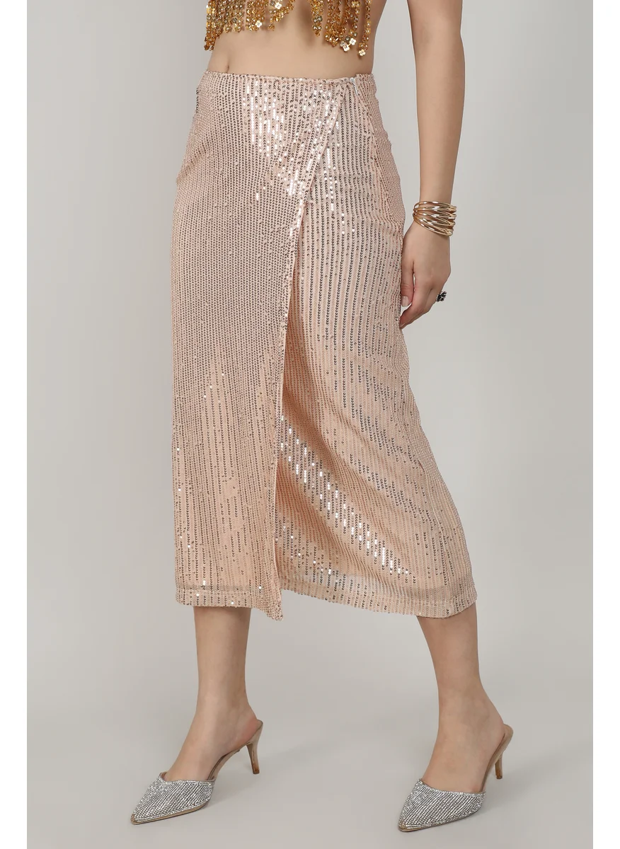 Campus Sutra Women's Beige Sequin Wrap Skirt