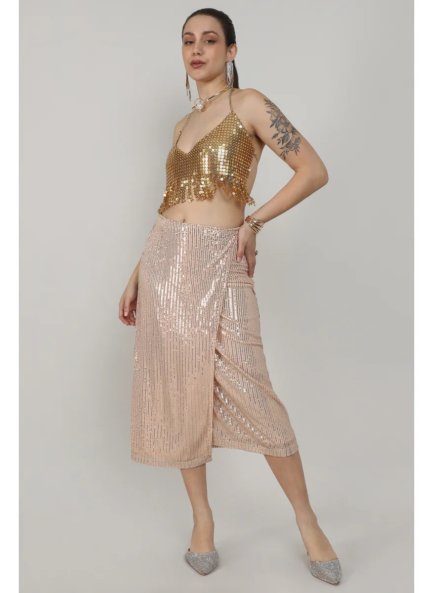 Campus Sutra Women's Beige Sequin Wrap Skirt