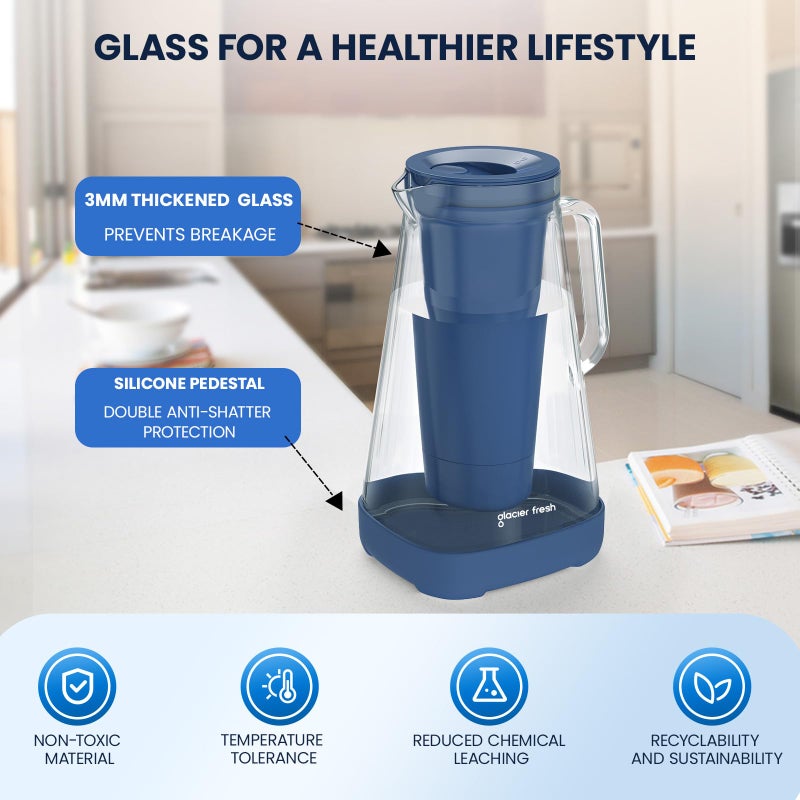 GLACIER FRESH جلاسيير فريش إبريق ماء زجاجي سعة 10 أكواب مع فلتر واحد بمعدل تدفق 3X، إبريق زجاجي بيورلا بتقنية ترشيح من 5 مراحل، يقلل 99% من الكلور ويحسن الطعم، خالي من BPA، أزرق - Image 2