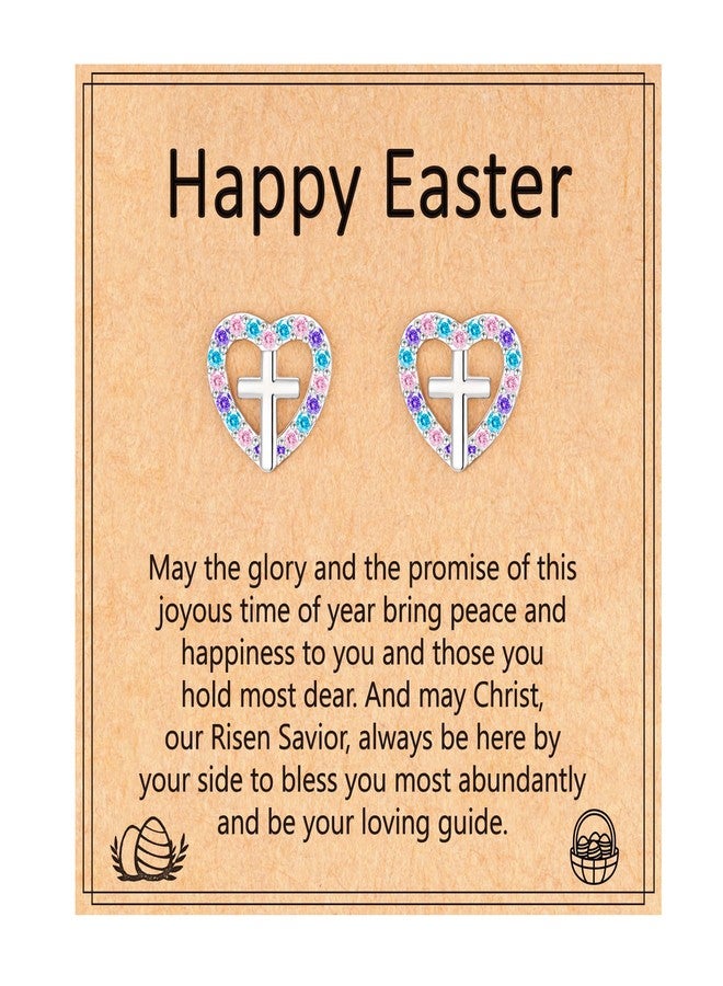 VULETO Easter Basket Stuffers for Girls Kids Teens - Heart Cross Stud Earrings Easter Basket Essentials Catholic Christian Religious Jewelry Gifts for Teen Teenage Girls Decorations - Image 1