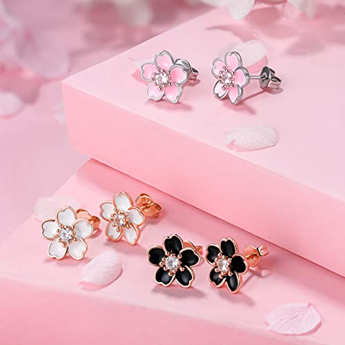 AllenCOCO 925 Sterling Silver Stud Earrings, Cute Flower Ear Studs for Women, White/Black/Rose Gold Plated, Stud Earrings Jewelry Gift (3pcs) - Image 5