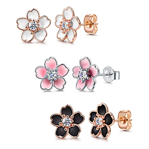 AllenCOCO 925 Sterling Silver Stud Earrings, Cute Flower Ear Studs for Women, White/Black/Rose Gold Plated, Stud Earrings Jewelry Gift (3pcs) - Image 1