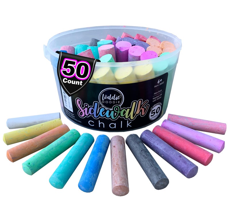 Loddie Doddie 50ct Sidewalk Chalk for Kids - 12 Colors Non-Toxic Jumbo Sticks in Reusable Bucket - Easy Clean Up for Fun & Creativity - Image 1