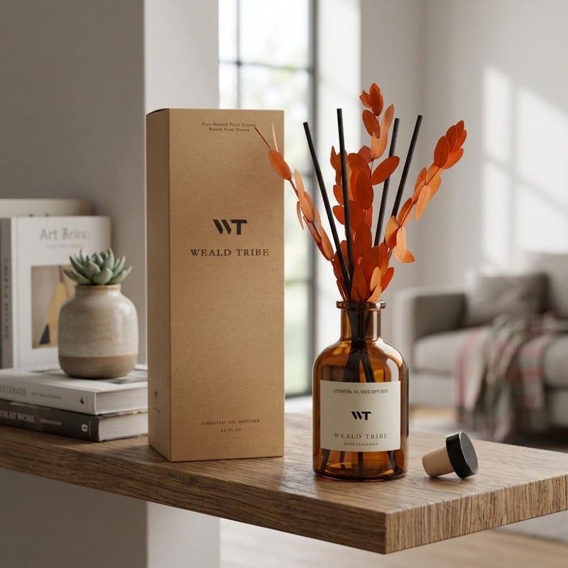 WEALD TRIBE Reed Diffuser Set for Bathroom Air Fresheners, Oil Diffuser Sticks | Sandalwood & Ebony Scent 4.0 fl oz Home Fragrance with Sticks Defusers | House Bedroom Office Shelf Decor - Image 5