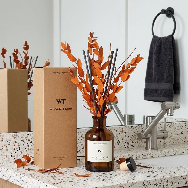 WEALD TRIBE Reed Diffuser Set for Bathroom Air Fresheners, Oil Diffuser Sticks | Sandalwood & Ebony Scent 4.0 fl oz Home Fragrance with Sticks Defusers | House Bedroom Office Shelf Decor - Image 4