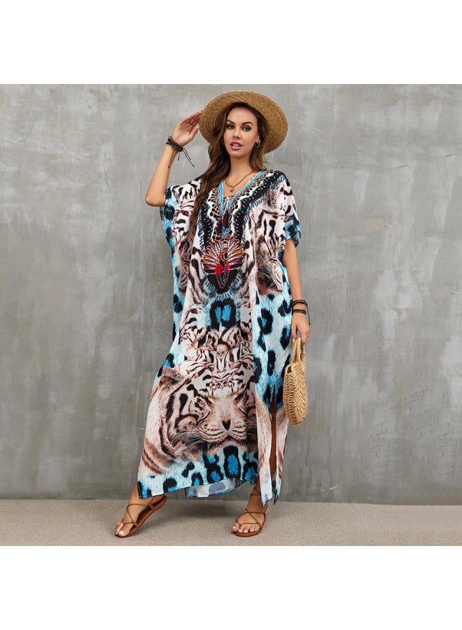 European And American Polyester Printed Beach Dress Loose Bikini Swimsuit Cover Shirt Seaside Vacation Sun Protection Shirt For Women-Color:Tiger Head (ZS1856-13)-  - Image 1