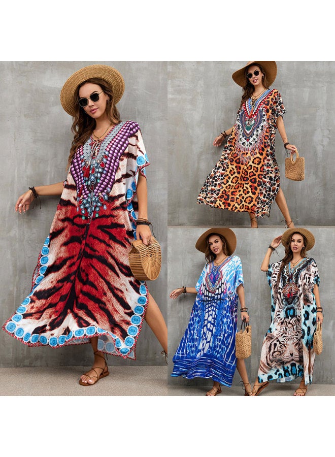 European And American Polyester Printed Beach Dress Loose Bikini Swimsuit Cover Shirt Seaside Vacation Sun Protection Shirt For Women-Color:Tiger Head (ZS1856-13)-  - Image 3