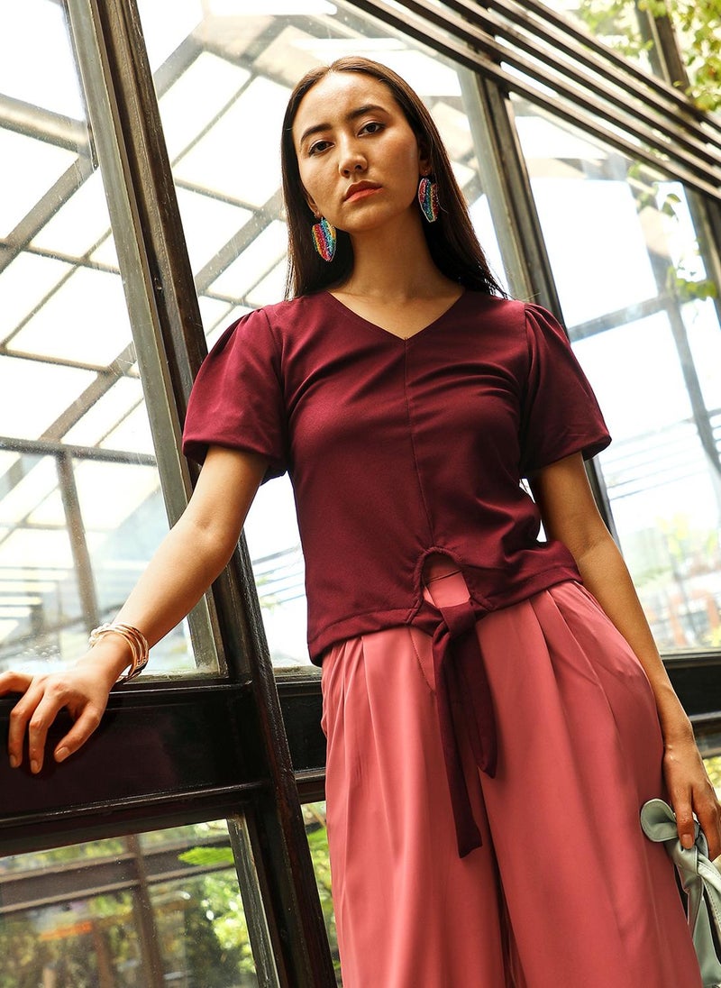 PINACOLADA Women's Wine Red Puff-Sleeved Top  - Image 2