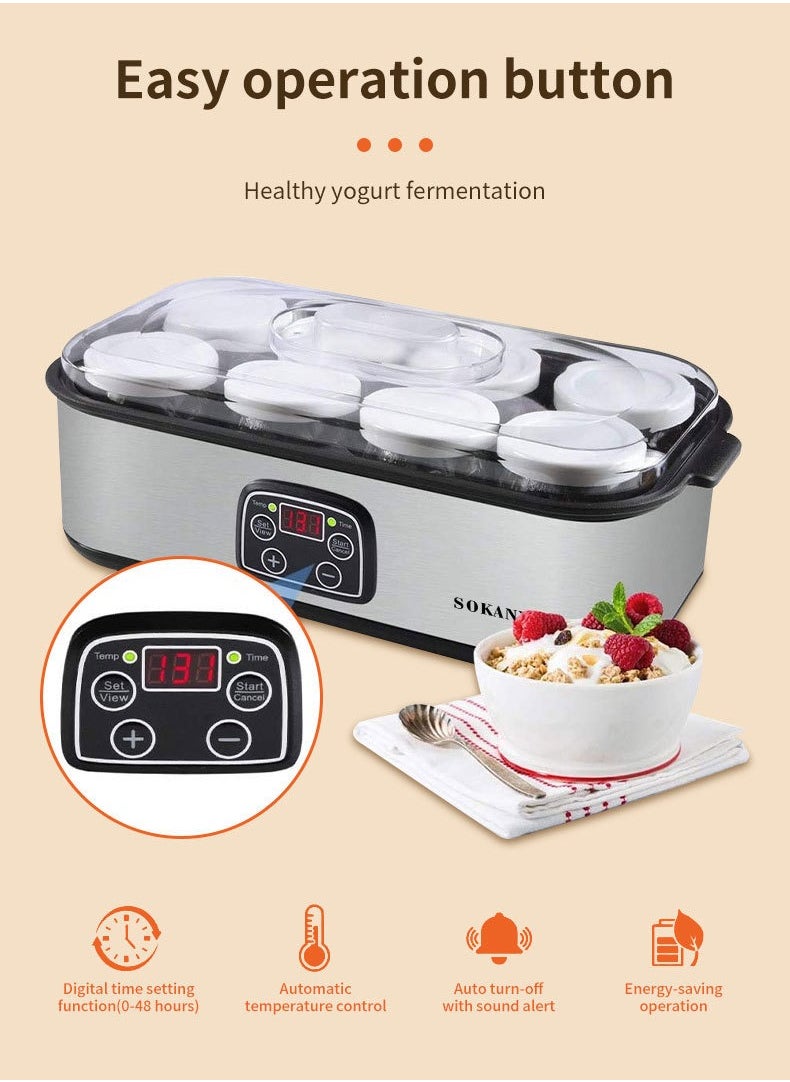 sokany - 1400ML High-Capacity Yogurt Maker with Constant Temperature Fermentation, Stainless Steel, 8 Independent Tanks, EU-Plug Ice Cream Yogurt Fermenter - Image 1