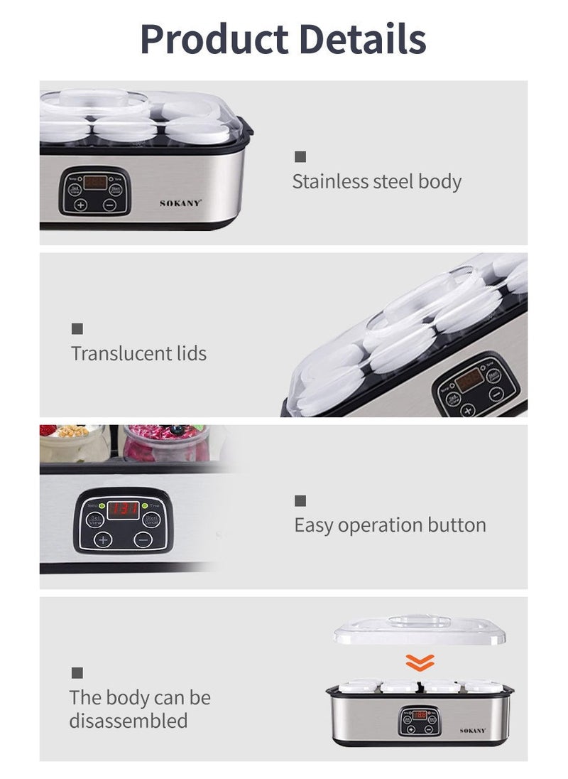 sokany - 1400ML High-Capacity Yogurt Maker with Constant Temperature Fermentation, Stainless Steel, 8 Independent Tanks, EU-Plug Ice Cream Yogurt Fermenter - Image 1
