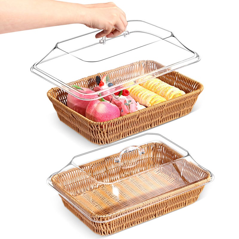 Ziliny 2 Set Wicker Bread Basket for Serving, Imitation Rattan Fruit Basket with Lid Woven Fruit Storage for Kitchen Restaurant(13.78 x 9.84 x 5.91 In) - Image 1