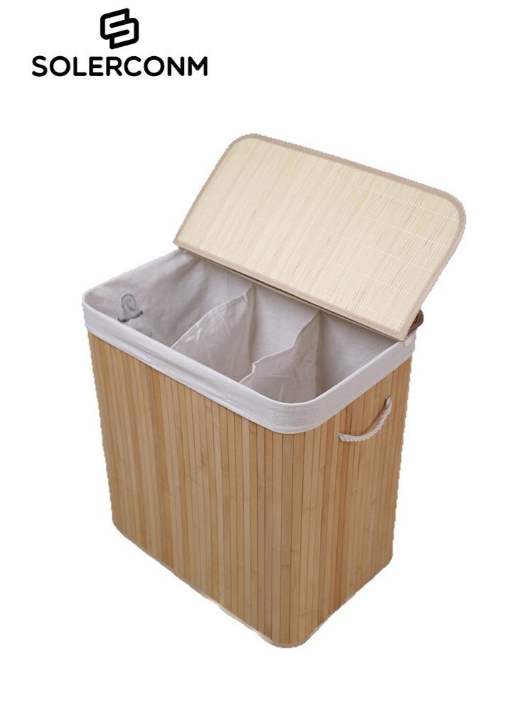 سولاكان سلة غسيل من الخيزران بسعة 144 لتر مع غطاء، مقاس 40×60×60 سم، بثلاثة أقسام، كيس غسيل قابل للإزالة ومقابض حمل – مظهر خيزران طبيعي - Image 1