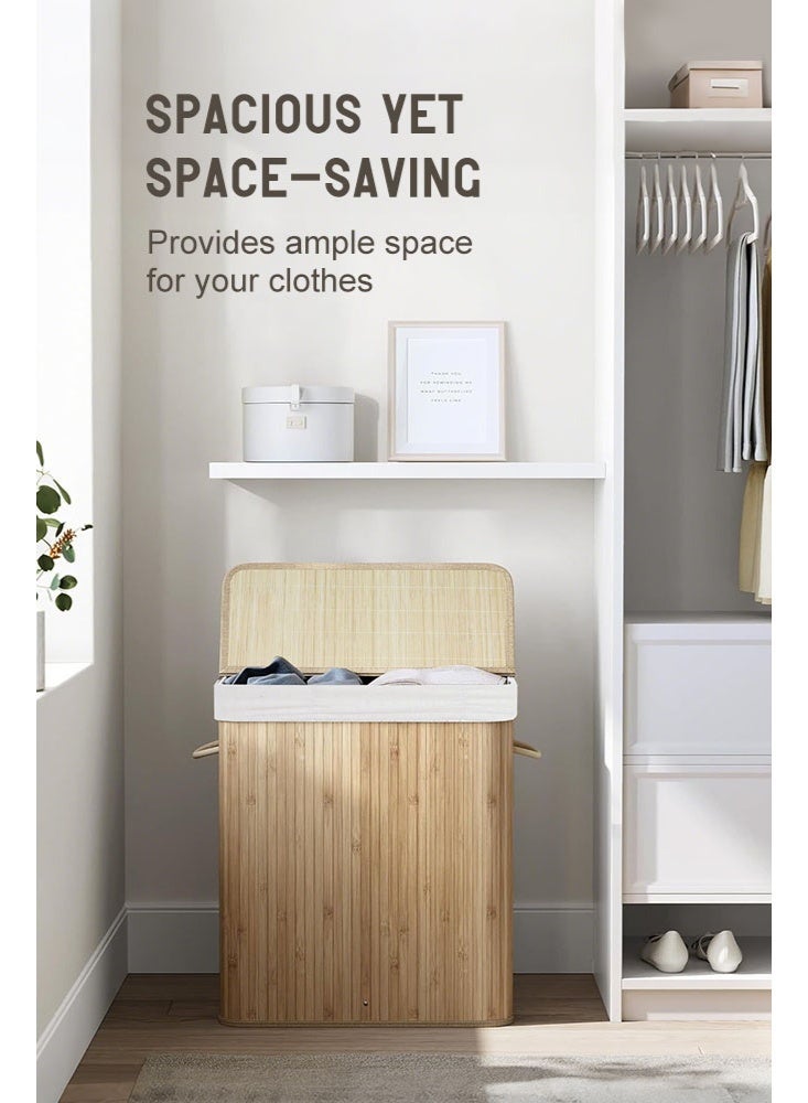 سولاكان سلة غسيل من الخيزران بسعة 144 لتر مع غطاء، مقاس 40×60×60 سم، بثلاثة أقسام، كيس غسيل قابل للإزالة ومقابض حمل – مظهر خيزران طبيعي - Image 3