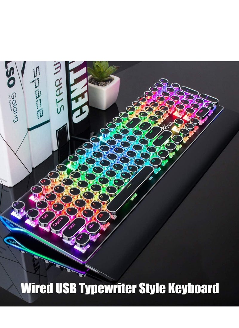 erorex - RK ROYAL KLUDGE S108 Typewriter Style Retro Mechanical Gaming Keyboard Wired with True RGB Backlit Collapsible Wrist Rest 108-Key Blue Switch Round Keycap - Black - Image 1