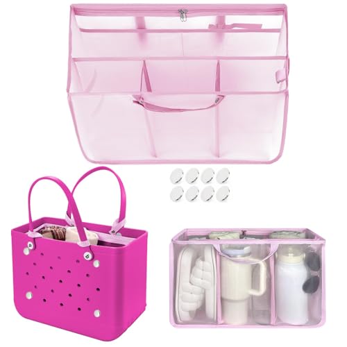 XYFuuee Beach Bag Organizer Inserts for Original Large Bogg Bag Accessories with 8 Removable Metal Fasteners, Lightweight Mesh Insert Divider Pouch, Organizing Rubber Tote, Save Space, Pink XL - Image 1