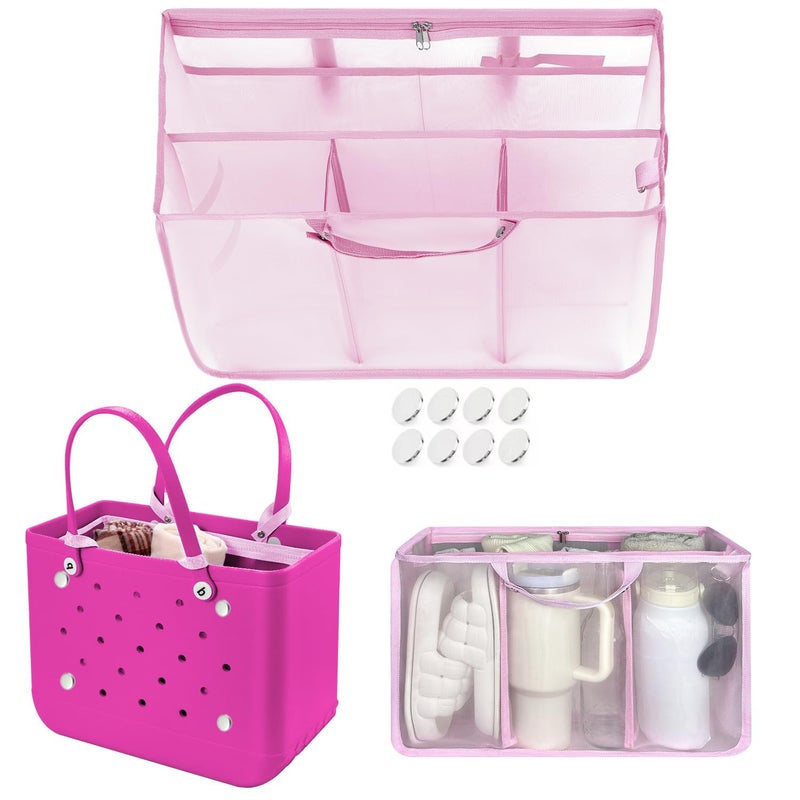 XYFuuee Beach Bag Organizer Inserts for Original Large Bogg Bag Accessories with 8 Removable Metal Fasteners, Lightweight Mesh Insert Divider Pouch, Organizing Rubber Tote, Save Space, Pink XL - Image 3
