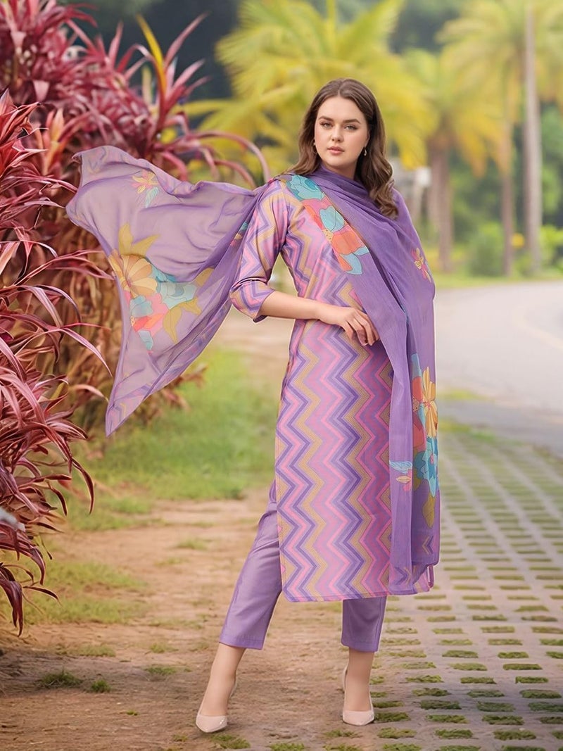 ANNI Designer Women's Rayon Viscose Straight Printed Kurta with Pant & Dupatta (Zaggu Purple-VKS02_S_Purple_Small) - Image 4