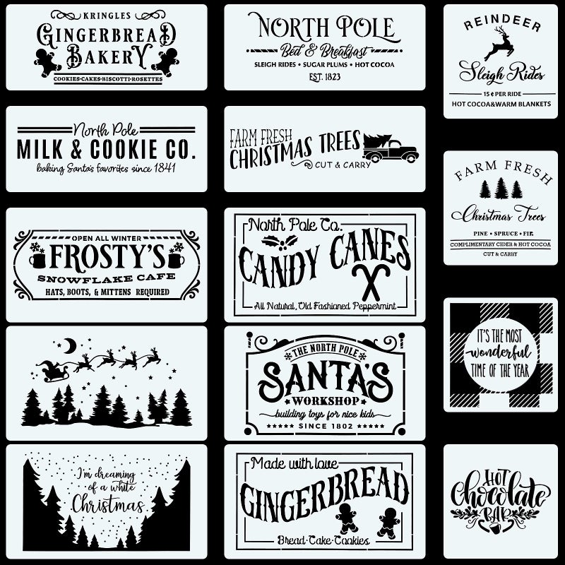 CINPIUK 14PCS Christmas Stencils Painting on Wood Winter Holiday DIY Farmhouse Wood Signs North Pole Farm Fresh Christmas Tree Santa Reusable Templates for Home Decor Xmas Art Crafts