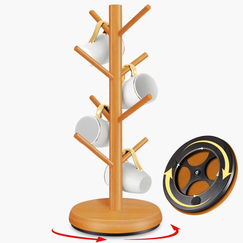 ZYZWTG Mug Holder TreeNew Upgraded 360 Rotated 8 Hooks Coffee Cup Holder for CounterWood Coffee Mug Rack Standing for Co ffee Bar Accessories and Kitchen Home OrganizerBrown - Image 2