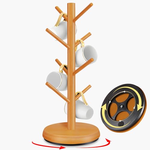 ZYZWTG Mug Holder TreeNew Upgraded 360 Rotated 8 Hooks Coffee Cup Holder for CounterWood Coffee Mug Rack Standing for Co ffee Bar Accessories and Kitchen Home OrganizerBrown - Image 1
