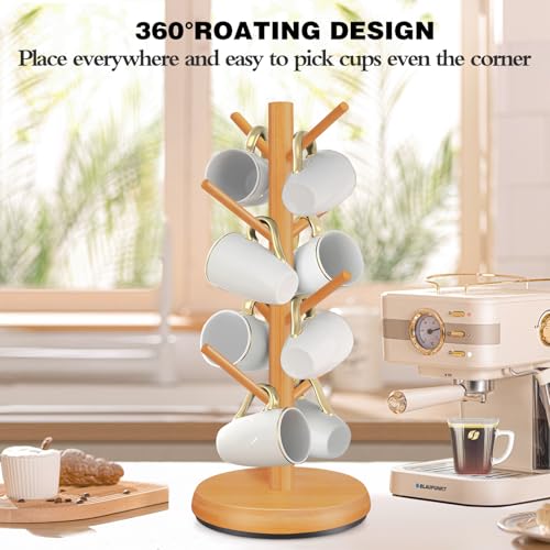 ZYZWTG Mug Holder TreeNew Upgraded 360 Rotated 8 Hooks Coffee Cup Holder for CounterWood Coffee Mug Rack Standing for Co ffee Bar Accessories and Kitchen Home OrganizerBrown - Image 3